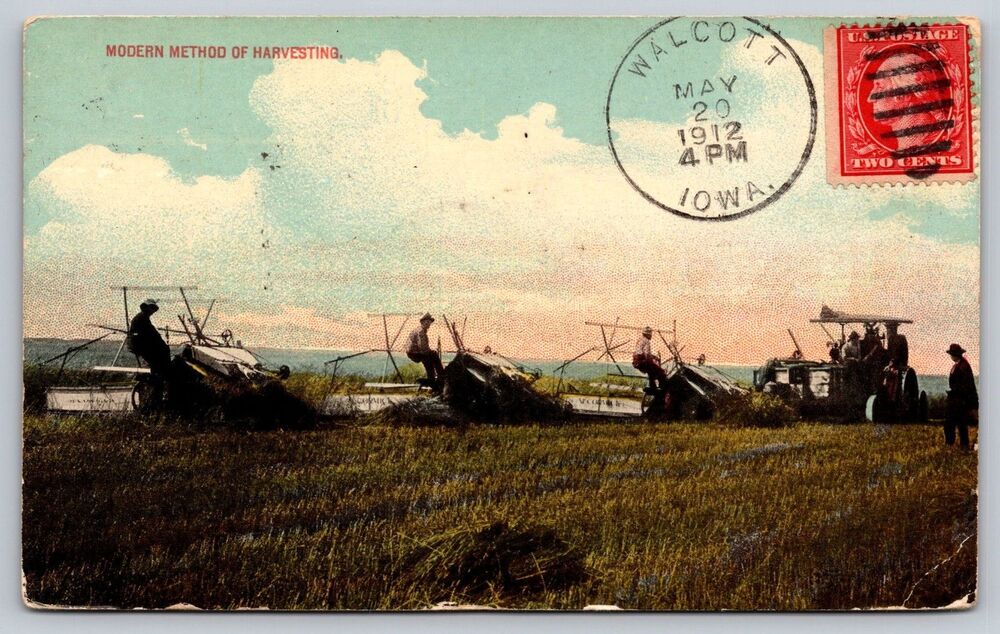 1912 Walcott IA Postcard Modern Method of Harvesting ESPERANTO Message to Italy